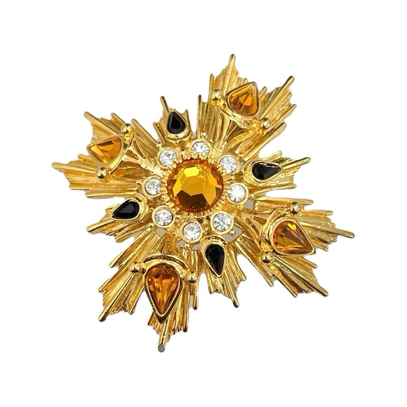 JOAN RIVERS STARBURST AMBER, GOLD & BLACK BROOCH - Picture 8 of 14